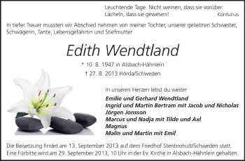 Traueranzeige von Edith Wendtland von Darmstädter Echo, Odenwälder Echo, Rüsselsheimer Echo, Groß-Gerauer-Echo, Ried Echo