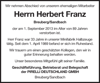 Traueranzeige von Herbert Franz von Odenwälder Echo