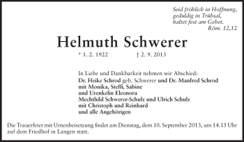 Traueranzeige von Helmuth Schwerer von Echo-Zeitungen (Gesamtausgabe)