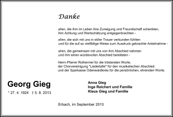 Traueranzeige von Georg Gieg von Echo-Zeitungen (Gesamtausgabe)