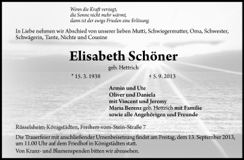 Traueranzeige von Elisabeth Schöner von Rüsselsheimer Echo, Groß-Gerauer-Echo, Ried Echo