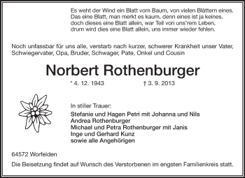 Traueranzeige von Norbert Rothenburger von Rüsselsheimer Echo, Groß-Gerauer-Echo, Ried Echo