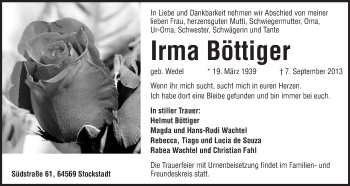 Traueranzeige von Irma Böttiger von Rüsselsheimer Echo, Groß-Gerauer-Echo, Ried Echo