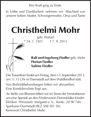Traueranzeige von Christhelmi Mohr von Echo-Zeitungen (Gesamtausgabe)