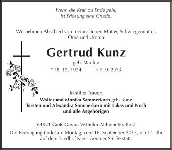 Traueranzeige von Gertrud Kunz von Rüsselsheimer Echo, Groß-Gerauer-Echo, Ried Echo
