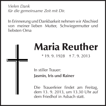 Traueranzeige von Maria Reuther von Darmstädter Echo