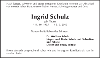 Traueranzeige von Ingrid Schulz von Echo-Zeitungen (Gesamtausgabe)