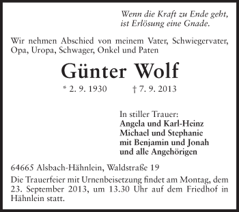 Traueranzeige von Günter Wolf von Echo-Zeitungen (Gesamtausgabe)