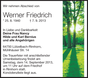 Traueranzeige von Werner Friedrich von Odenwälder Echo