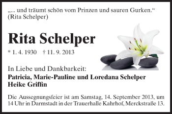Traueranzeige von Rita Schelper von Darmstädter Echo, Odenwälder Echo, Rüsselsheimer Echo, Groß-Gerauer-Echo, Ried Echo
