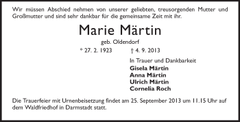 Traueranzeige von Marie Märtin von Echo-Zeitungen (Gesamtausgabe)