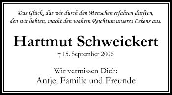 Traueranzeige von Hartmut Schweickert von Echo-Zeitungen (Gesamtausgabe)