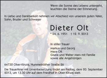 Traueranzeige von Dieter Olt von Odenwälder Echo