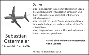 Traueranzeige von Sebastian Ostermeier von Odenwälder Echo