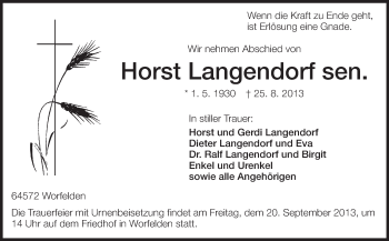 Traueranzeige von Horst Langendorf von Rüsselsheimer Echo, Groß-Gerauer-Echo, Ried Echo