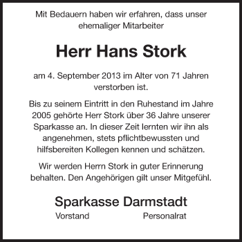 Traueranzeige von Hans Stork von Echo-Zeitungen (Gesamtausgabe)