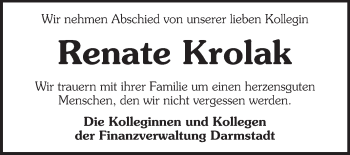 Traueranzeige von Renate Krolak von Echo-Zeitungen (Gesamtausgabe)