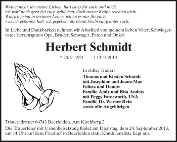 Traueranzeige von Herbert Schmidt von Odenwälder Echo