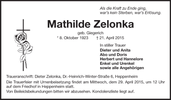 Traueranzeige von Mathilde Zelonka von Starkenburger Echo