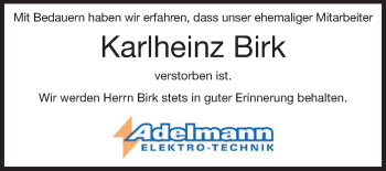 Traueranzeige von Karlheinz Birk von Echo-Zeitungen (Gesamtausgabe)