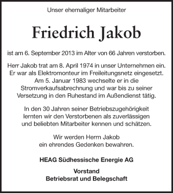 Traueranzeige von Friedrich Jakob von Echo-Zeitungen (Gesamtausgabe)