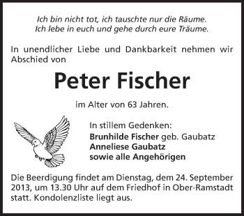 Traueranzeige von Peter Fischer von Darmstädter Echo, Odenwälder Echo, Rüsselsheimer Echo, Groß-Gerauer-Echo, Ried Echo