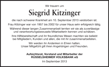 Traueranzeige von Siegrid Kitzinger von Rüsselsheimer Echo, Groß-Gerauer-Echo, Ried Echo