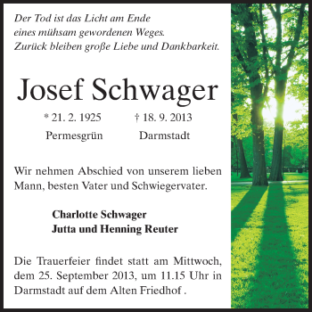 Traueranzeige von Josef Schwager von Darmstädter Echo, Odenwälder Echo, Rüsselsheimer Echo, Groß-Gerauer-Echo, Ried Echo