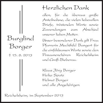 Traueranzeige von Burglind Borger von Odenwälder Echo