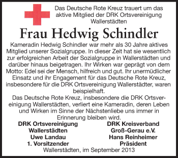 Traueranzeige von Hedwig Schindler von Rüsselsheimer Echo, Groß-Gerauer-Echo, Ried Echo