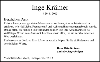 Traueranzeige von Inge Krämer von Odenwälder Echo