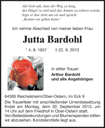 Traueranzeige von Jutta Bardohl von Odenwälder Echo