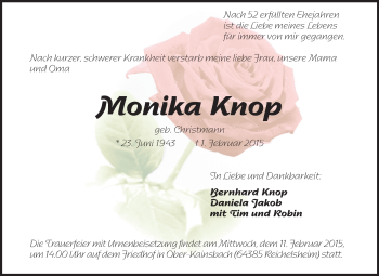 Traueranzeige von Monika Knop von Darmstädter Echo, Odenwälder Echo, Rüsselsheimer Echo, Groß-Gerauer-Echo, Ried Echo