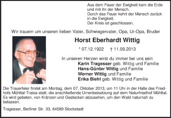 Traueranzeige von Horst Eberhardt Wittig von Rüsselsheimer Echo, Groß-Gerauer-Echo, Ried Echo