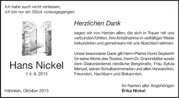 Traueranzeige von Hans Nickel von Echo-Zeitungen (Gesamtausgabe)