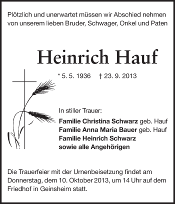 Traueranzeige von Heinrich Hauf von Rüsselsheimer Echo, Groß-Gerauer-Echo, Ried Echo