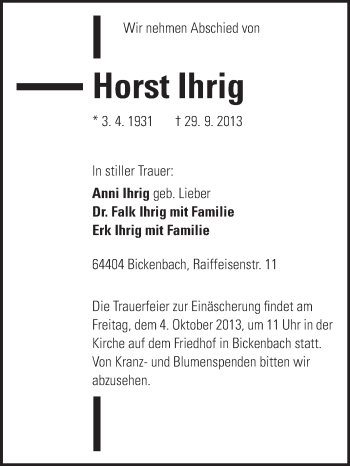 Traueranzeige von Horst Ihrig von Echo-Zeitungen (Gesamtausgabe)
