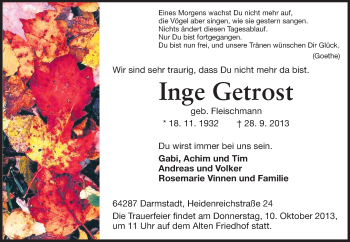 Traueranzeige von Inge Getrost von Echo-Zeitungen (Gesamtausgabe)