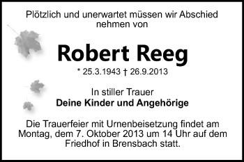 Traueranzeige von Robert Reeg von Odenwälder Echo