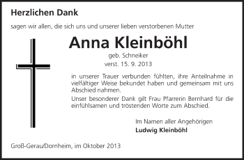 Traueranzeige von Anna Kleinböhl von Rüsselsheimer Echo, Groß-Gerauer-Echo, Ried Echo