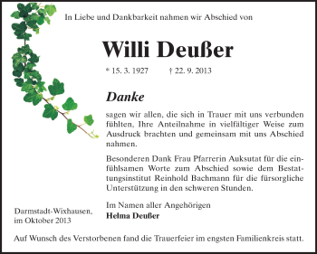 Traueranzeige von Willi Deußer von Echo-Zeitungen (Gesamtausgabe)