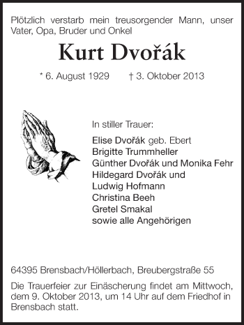 Traueranzeige von Kurt Dvorak von Odenwälder Echo
