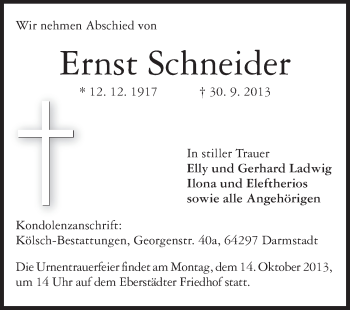 Traueranzeige von Ernst Schneider von Echo-Zeitungen (Gesamtausgabe)