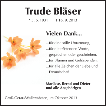 Traueranzeige von Trude Bläser von Rüsselsheimer Echo, Groß-Gerauer-Echo, Ried Echo