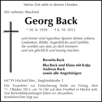 Traueranzeige von Georg Back von Odenwälder Echo