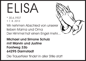 Traueranzeige von Elisa  von Echo-Zeitungen (Gesamtausgabe)