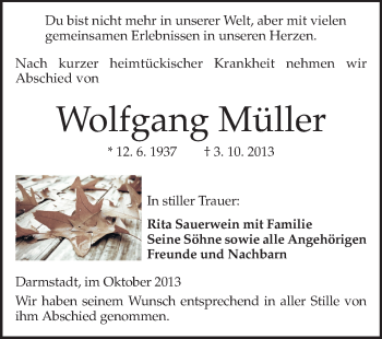 Traueranzeige von Wolfgang Müller von Echo-Zeitungen (Gesamtausgabe)