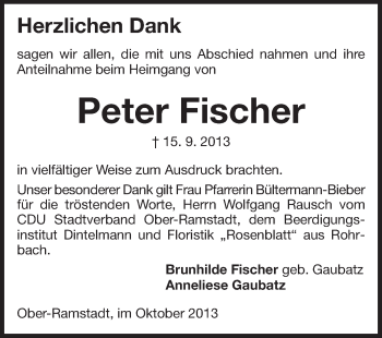 Traueranzeige von Peter Fischer von Echo-Zeitungen (Gesamtausgabe)