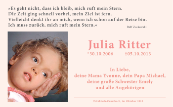 Traueranzeige von Julia Ritter von Echo-Zeitungen (Gesamtausgabe)