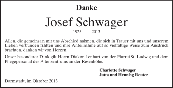 Traueranzeige von Josef Schwager von Darmstädter Echo, Odenwälder Echo, Rüsselsheimer Echo, Groß-Gerauer-Echo, Ried Echo